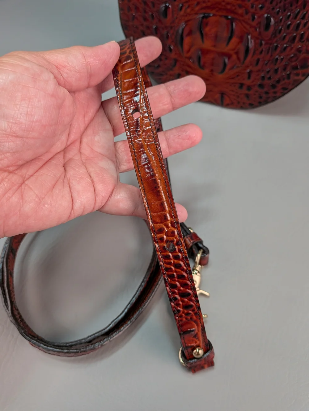 BRAHMIN Lane Circle Melbourne Pecan Crossbody Croc Embossed Leather Microfiber